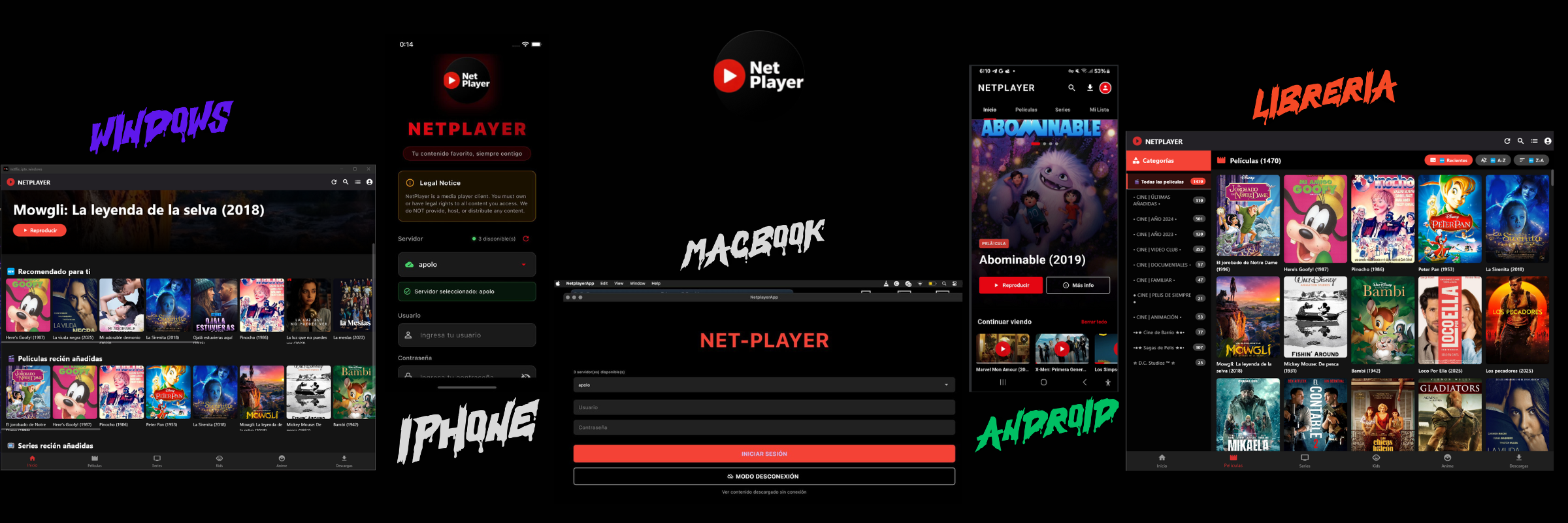 NetPlayer en iOS, Android, Windows y macOS